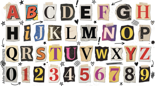 Collage alphabet letters and numbers cut from newspapers and magazines with cut out torn paper ransom note mixed media alphabet magazine