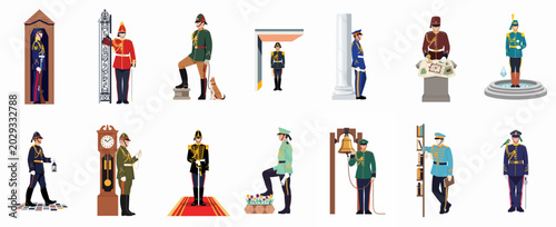 Foto Flat vector illustration set of men in various historical and ceremonial militar