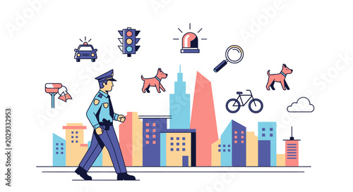 Police officer walking in city with law enforcement icons.