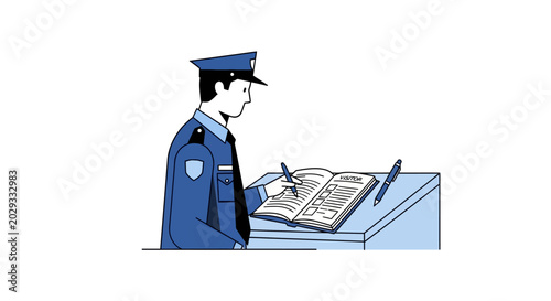 Police Officer Writing in Logbook at Desk.