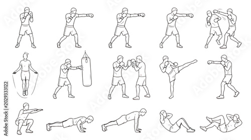 Photos Boxing training icons set, line art martial arts fighter poses, kickboxing worko
