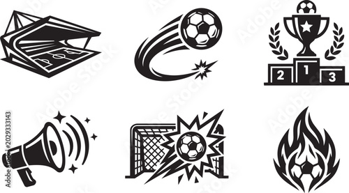 Soccer stadium and football tournament championship black vector icons set.