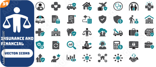 Bilde på lerret Insurance and financial protection icon set featuring life, health, car, home, and travel insurance, medical coverage, claim process, insurance policy, and security shield symbols