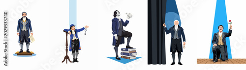 Quadro su tela A diverse collection of male theatrical actors in period costumes performing various dramatic scenes and roles on a stage setting