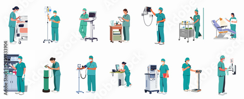 Fotografia Flat Vector Illustration Collection of Healthcare Professionals in Green Scrubs