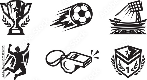 Cuadro en lienzo Soccer championship and football stadium black vector icons set.