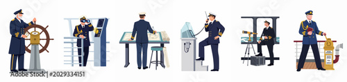 Foto Set of flat vector illustrations featuring ship captains in uniform performing various duties on a vessel bridge and deck