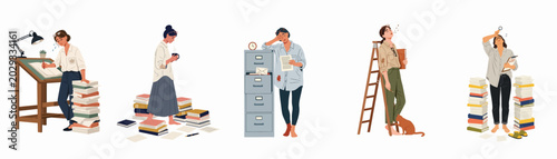 Bild auf Leinwand Set of illustrations depicting a woman experiencing burnout, stress, and exhaustion while managing excessive workloads, academic studies, and administrative paperwork