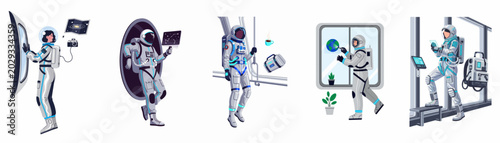 Tableau sur toile Collection of flat vector illustrations depicting astronauts engaged in various activities like mapping constellations, taking photos, and living in outer space