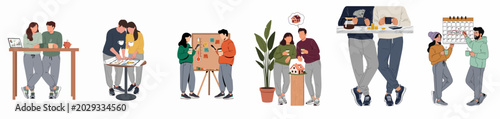 Tableau sur toile Set of illustrations showing a young couple's journey from financial planning and saving to finally buying their new home