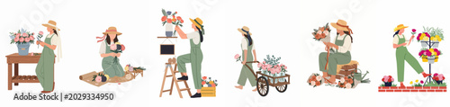 Bild auf Leinwand Vector illustration set of female florists in green overalls and straw hats arranging flowers, gardening, and working in a flower shop on white background