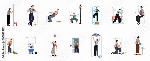 Obraz na płótnie Set of mime artist characters performing various pantomime acts and illusions, often trapped within invisible glass boxes, in a flat vector illustration style