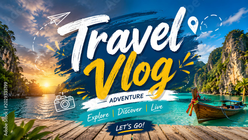 Travel vlog social media banner with tropical beach paradise, summer vacation adventure destination template. Tourism promotion design, exotic island landscape, cinematic ocean sunset, travel blog thu