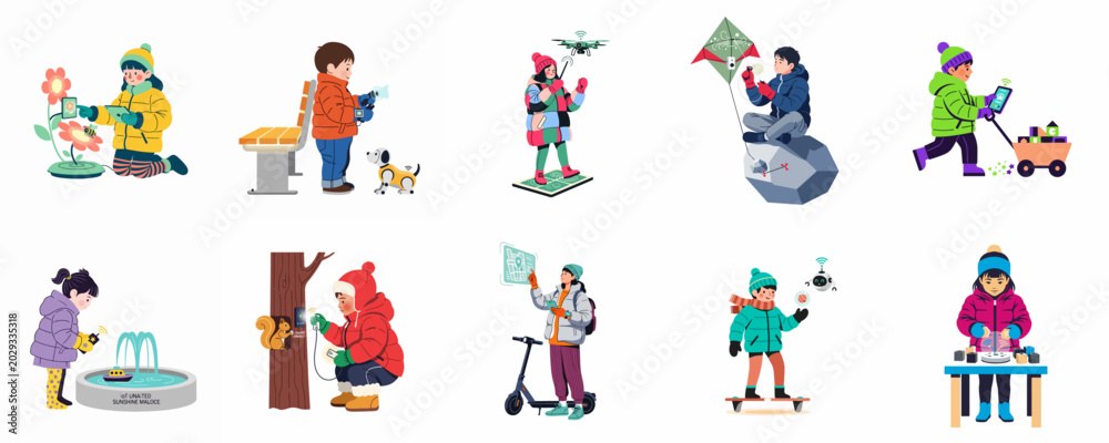 Fototapeta premium Collection of children interacting with futuristic smart technology and IoT devices in outdoor settings, featuring drones, robots, and digital interfaces.