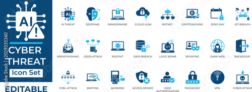 Obraz na płótnie Cyber threat and internet security editable vector icon set