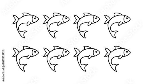 Cuadro en lienzo Monochrome fish school line art vector with eight matching aquatic icons