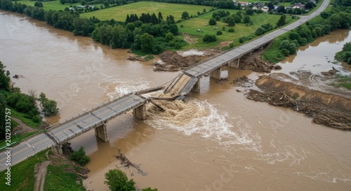 Wide aerial view of a broken highway bridge over a flooded river with surrounding green fields.