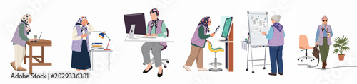Photos Set of flat vector illustrations of a tech-savvy senior woman working in various modern office environments and using digital devices