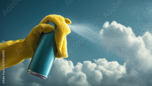 Hand in yellow glove sprays mist from a can against a cloudy sky