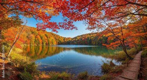 Wooden boardwalk path along a lake shore framed by vibrant orange autumn leaves.