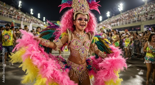 Young girl in a vibrant pink and yellow feathered carnival costume dancing at a parade.
