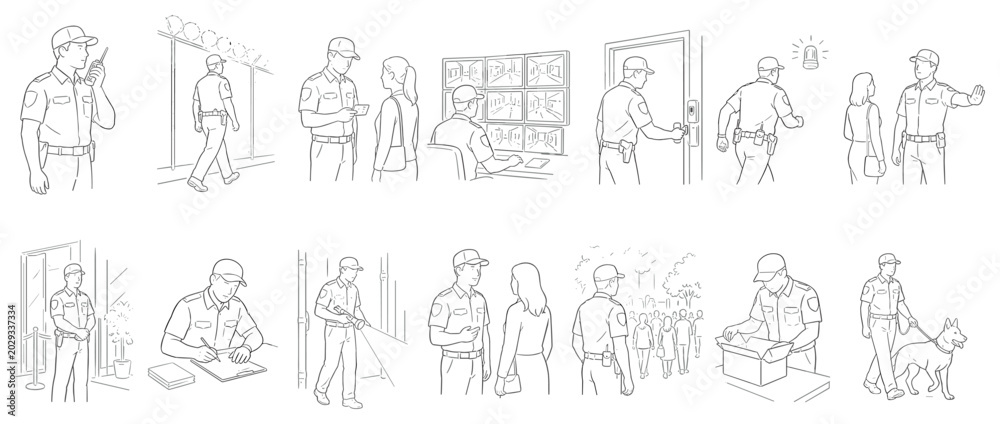 Fototapeta premium Security guards performing various duties, including patrolling, monitoring, and interacting with people