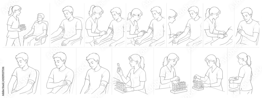 Obraz premium Medical illustration sequence showing blood draw procedure from patient preparation to sample handling
