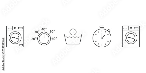 Photos Laundry and washing machine icon vector illustration set with temperature control dial and stopwatch