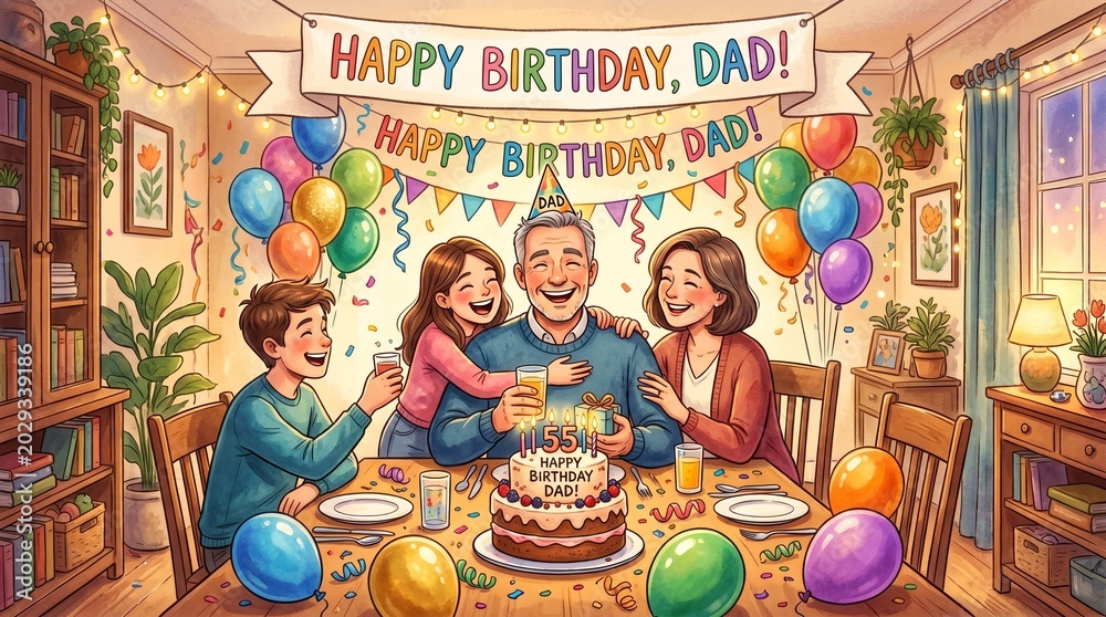 Naklejka premium Happy Birthday Dad Illustration with Balloons, Cake and Festive Decorations