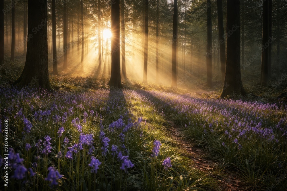 Fototapeta premium Serene forest with blooming bluebells
