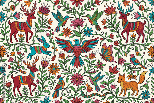 Traditional vector illustration of Mexican Otomi folk art animal and floral pattern in a flat folk art style
