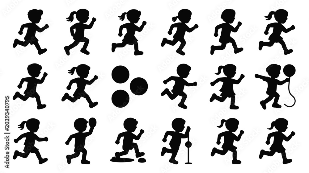 Fototapeta premium Set of 15 Black Child Running Silhouette Icons Vector