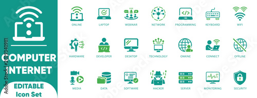Computer Internet Icon Set. keyboard, programming, server, network, software, media, desktop, computer, website, hacker, illustration, and solid icons.