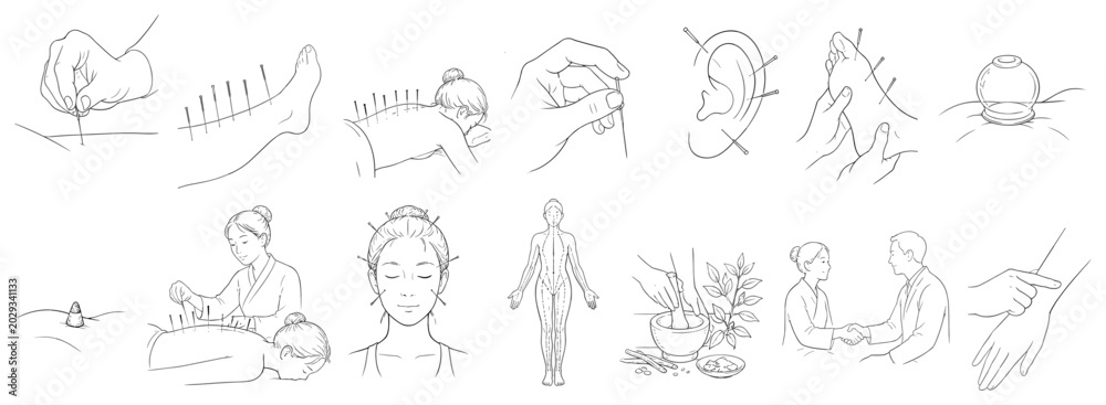 Fototapeta premium Collection of illustrations depicting various traditional Chinese medicine practices and treatments
