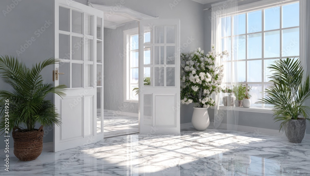 Fototapeta premium Bright room with open doors, sunlight, plants, and marble floors
