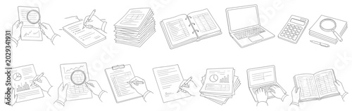 Business and finance illustrations showing hands working with documents and office supplies
