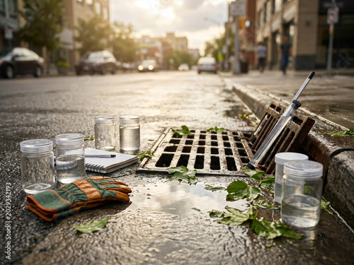 Urban water testing scene with sample bottles and tools placed beside a street drain