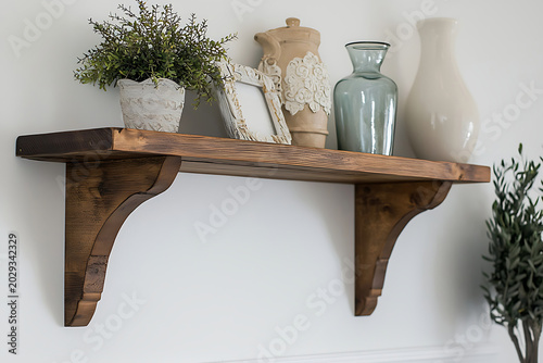 Rustic Wooden Shelf With Decorative Items On White Wall Creating Cozy Farmhouse Interior Design Inspiration For Modern Homes.