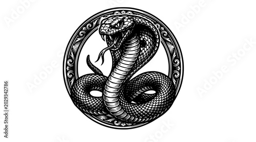 Cuadro en lienzo Angry cobra vector illustration in circular frame black and white snake emblem d