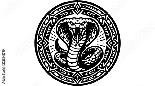 Schilderij op canvas Trendy angry cobra vector emblem with circular black and white snake illustratio
