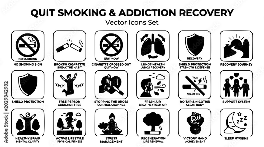 Αυτοκόλλητο Quit smoking and tobacco cessation vector icon set with public health awareness