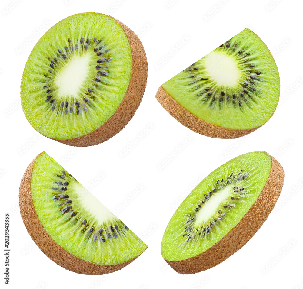 Fototapeta premium Set of kiwi fruit slices and wedges with green pulp, isolated on cutout transparent background