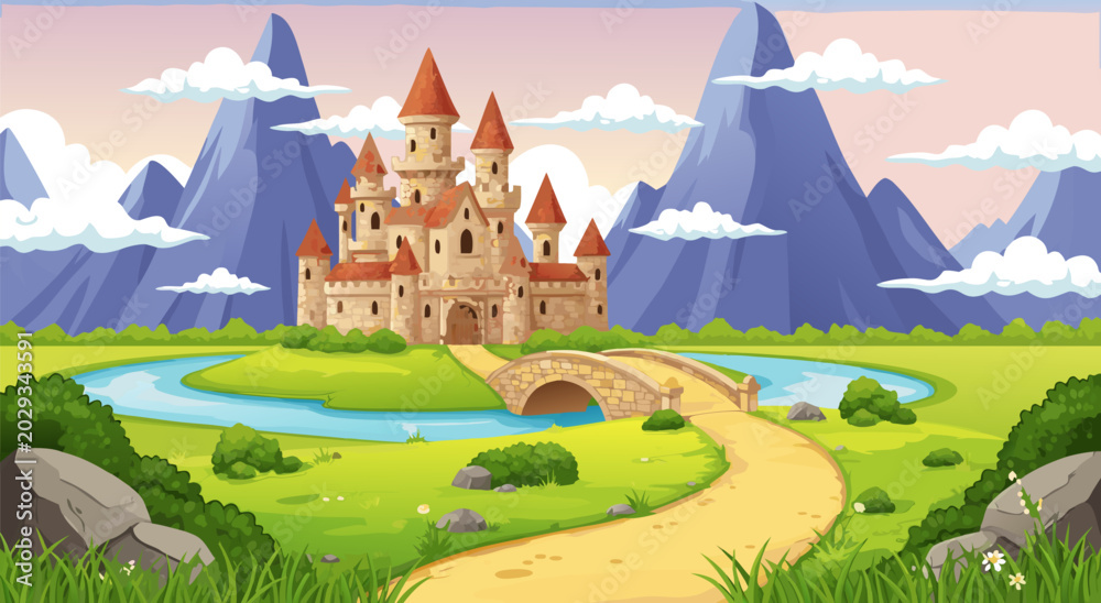 Naklejka premium Enchanting Castle in a Lush Green Landscape, Vector Illustration with Mountains and a Winding Path