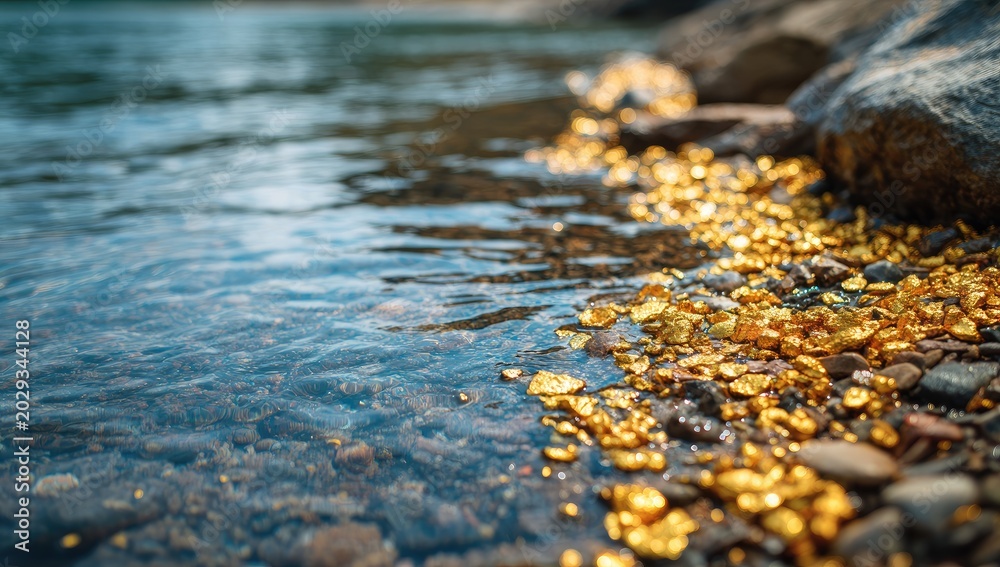Fototapeta premium Shimmering gold nuggets nestled on rocky shore beside clear flowing water