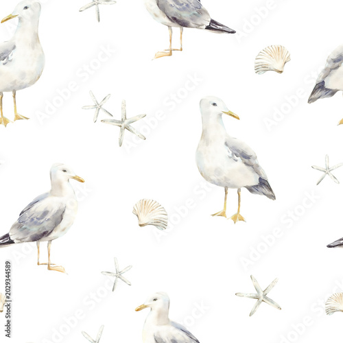 Seagulls seamless watercolor hand-drawn pattern. Background with birds and shells. Suitable for nautical textiles, wallpaper, and wrapping paper.