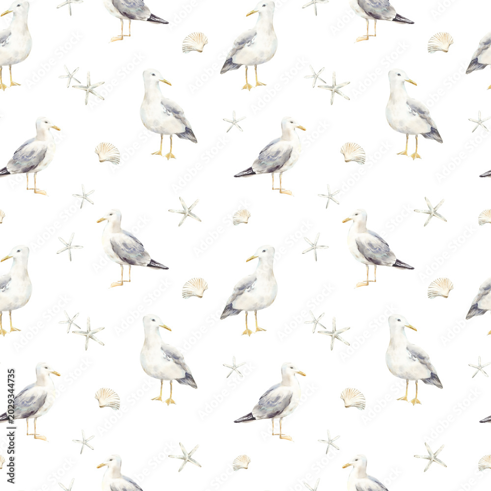 Obraz premium Seagulls seamless watercolor hand-drawn pattern. Background with birds and shells. Suitable for nautical textiles, wallpaper, and wrapping paper.