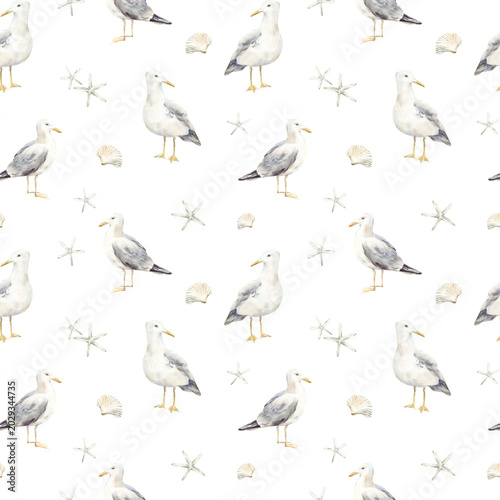 Seagulls seamless watercolor hand-drawn pattern. Background with birds and shells. Suitable for nautical textiles, wallpaper, and wrapping paper.