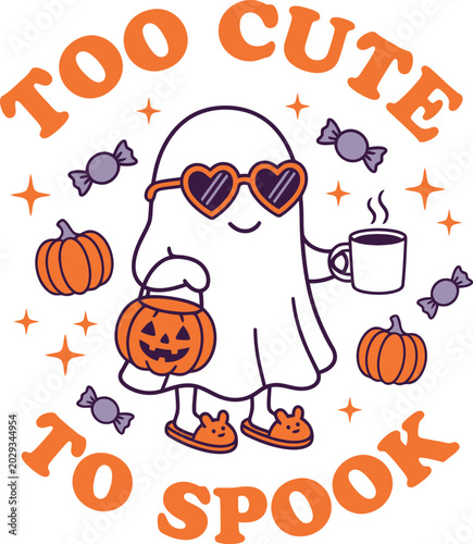 Φωτογραφία A cartoon ghost wearing sunglasses and holding a pumpkin bucket and coffee on ha