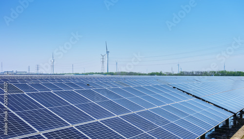 Coastal New Energy Base with Solar Panels and Wind Turbines