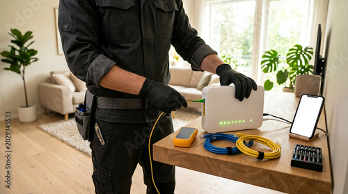 technician or IT specialist installing a white internet router connecting fiber optic cable on wooden table in living room home broadband setup or maintenance service